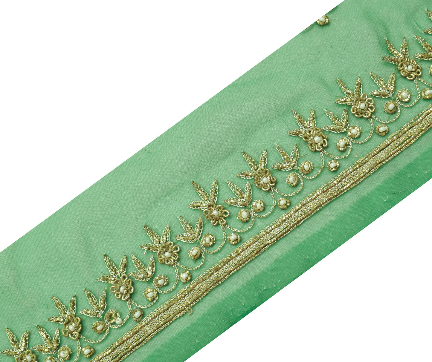 Sushila Vintage Green Georgette Saree Border Craft Sewing Trim Hand Beaded Lace