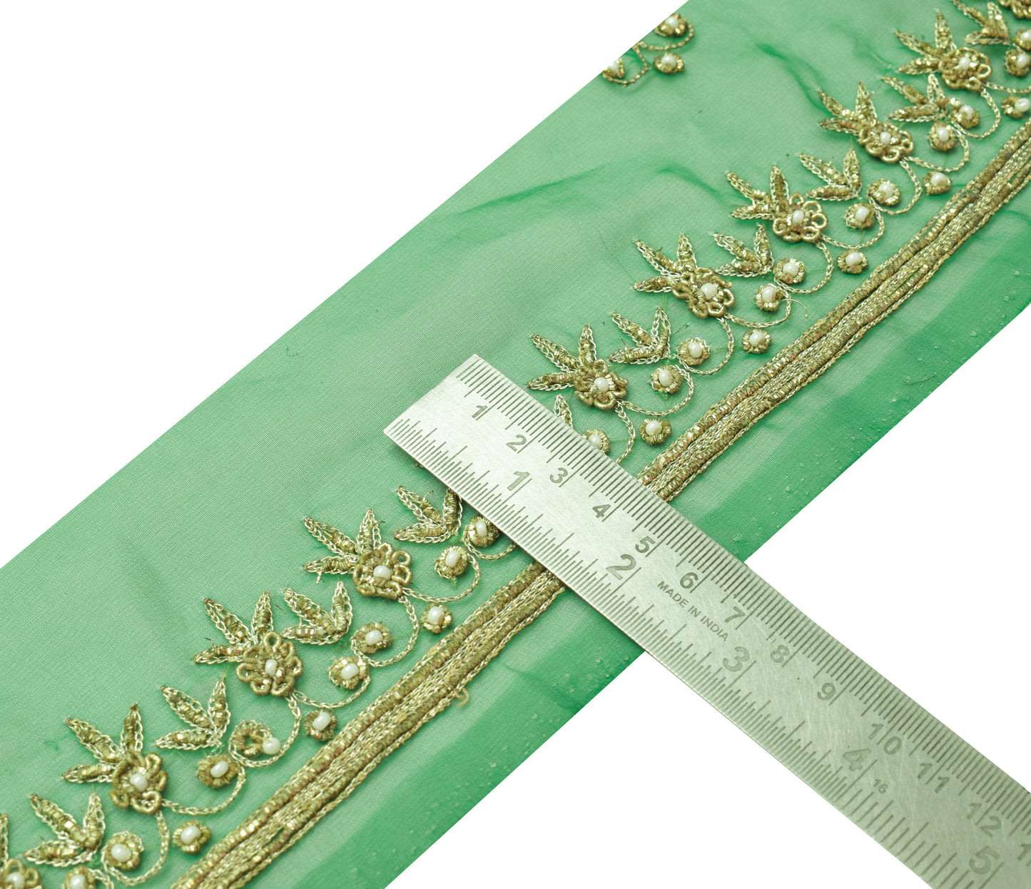 Sushila Vintage Green Georgette Saree Border Craft Sewing Trim Hand Beaded Lace