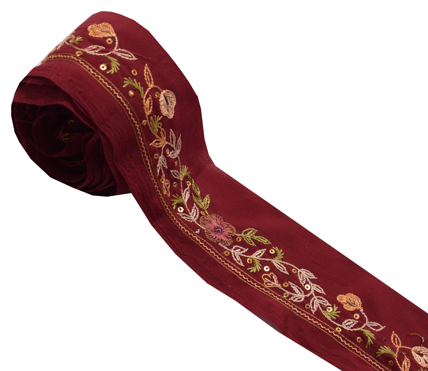 Sushila Vintage Maroon Saree Border Indian Craft Sewing Trim Hand Beaded Ribbon