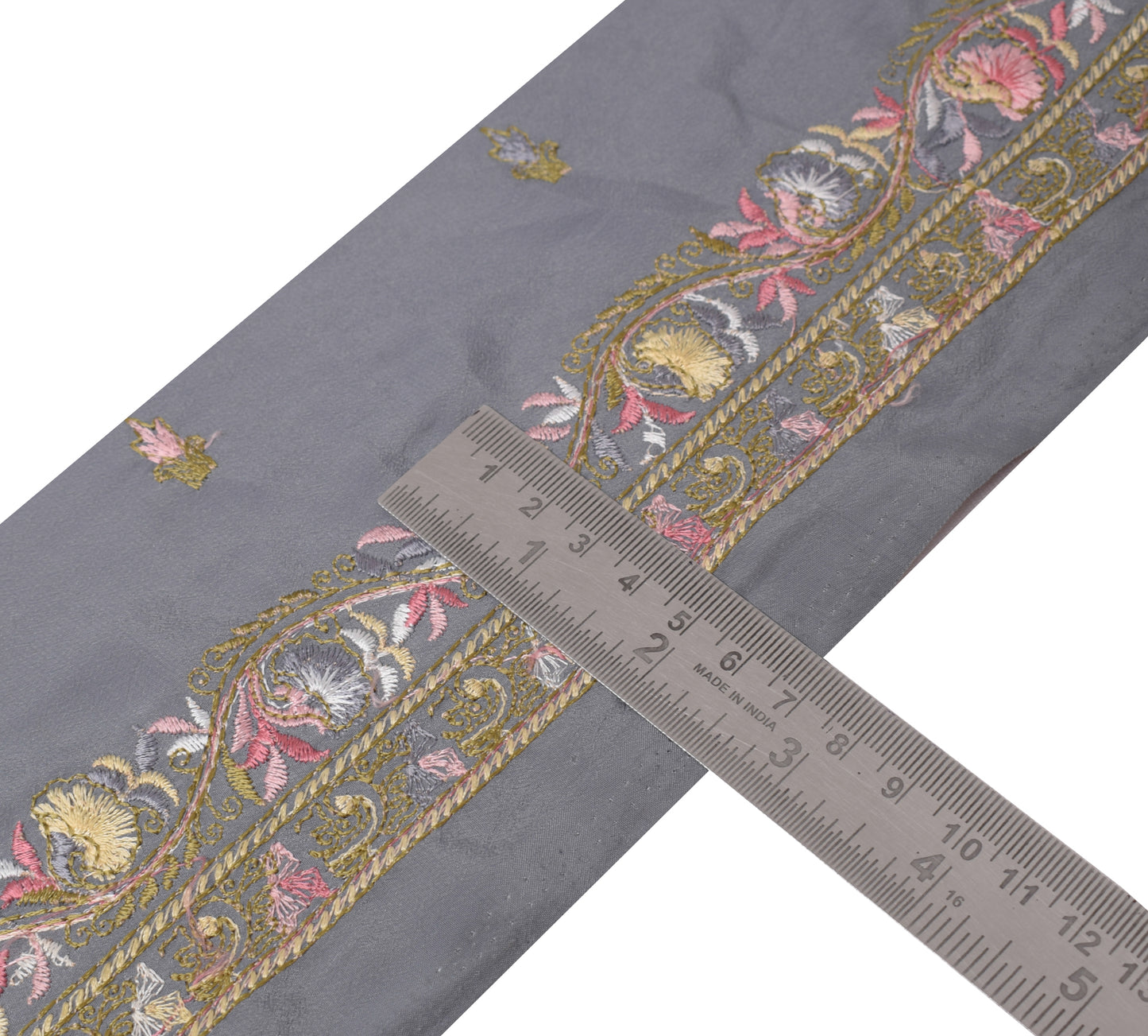 Sushila Vintage Gray Saree Border Indian Craft Sewing Trim Embroidered Ribbon