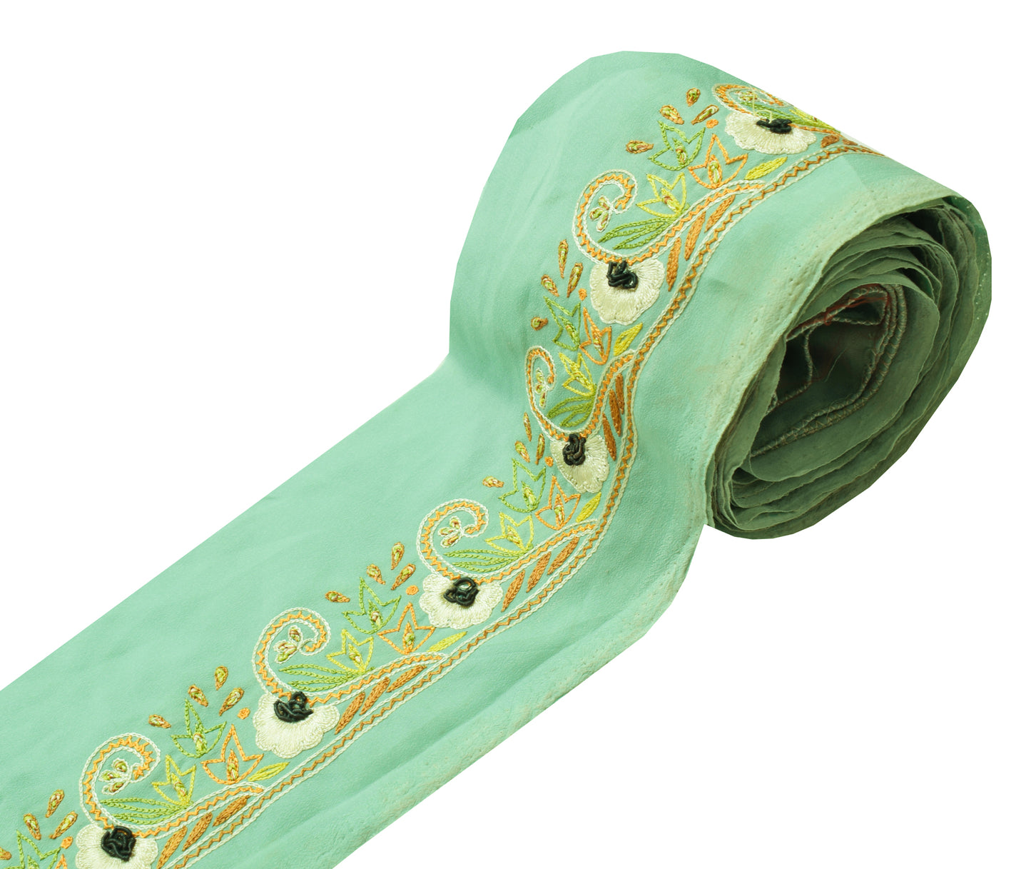 Sushila Vintage Green  Saree Border Indian Craft Sewing Trim Embroidered Ribbon