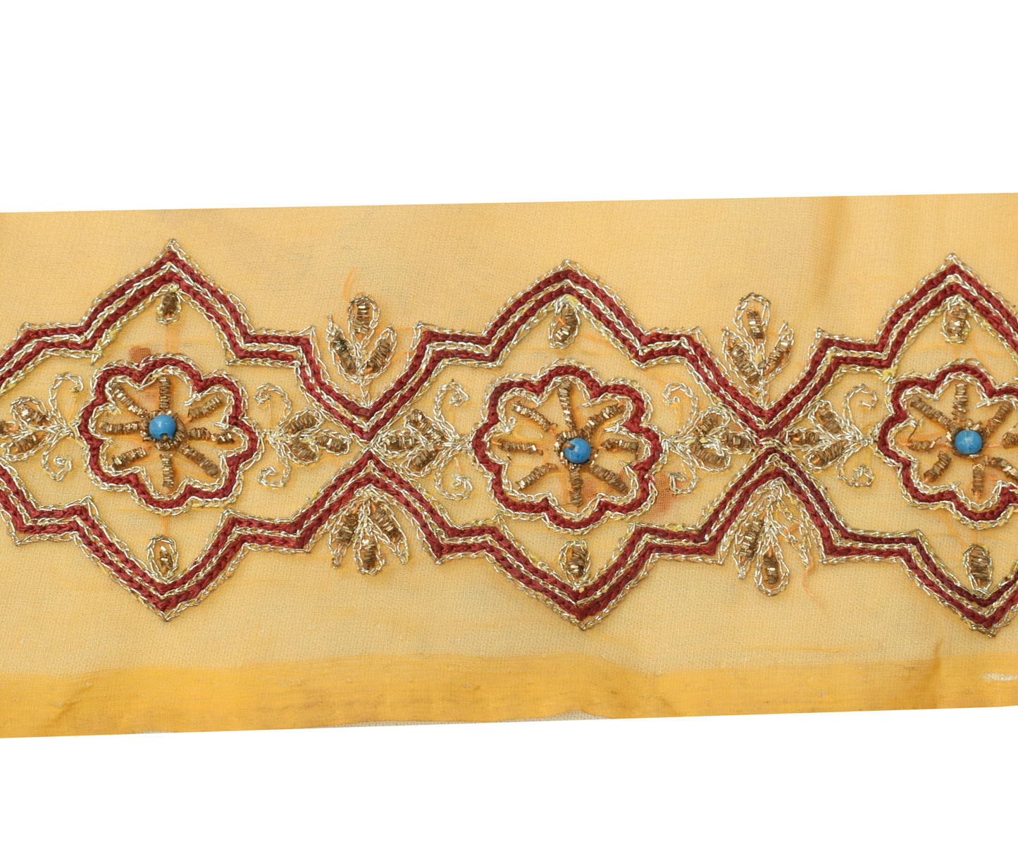 Sushila Vintage Yellow Saree Border Indian Craft Sewing Trim Hand Beaded Ribbon