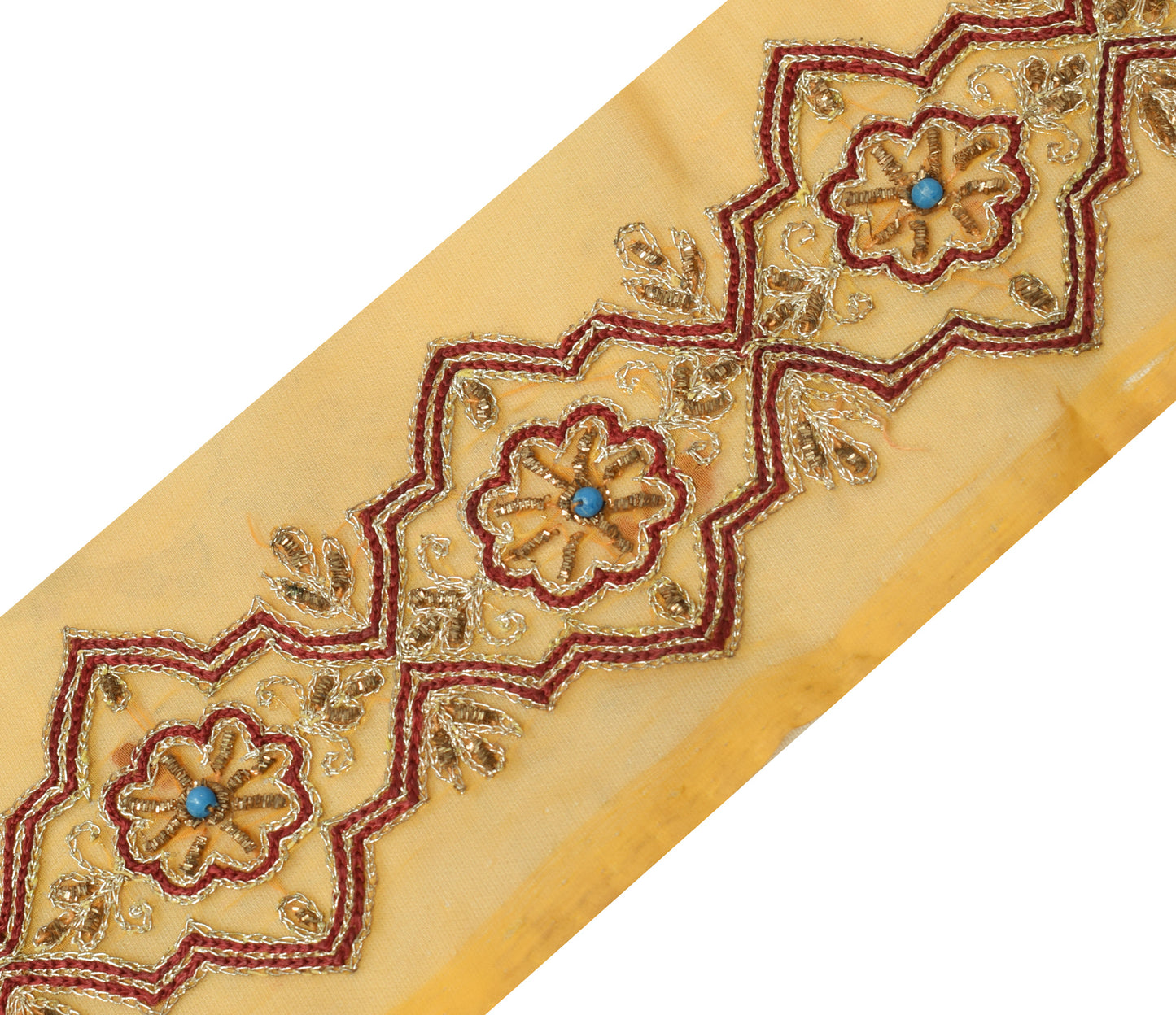 Sushila Vintage Yellow Saree Border Indian Craft Sewing Trim Hand Beaded Ribbon