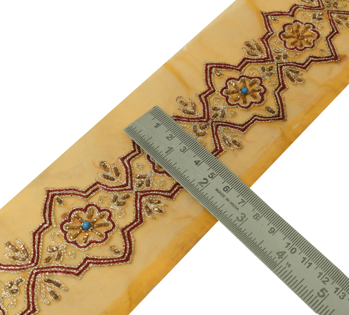 Sushila Vintage Yellow Saree Border Indian Craft Sewing Trim Hand Beaded Ribbon