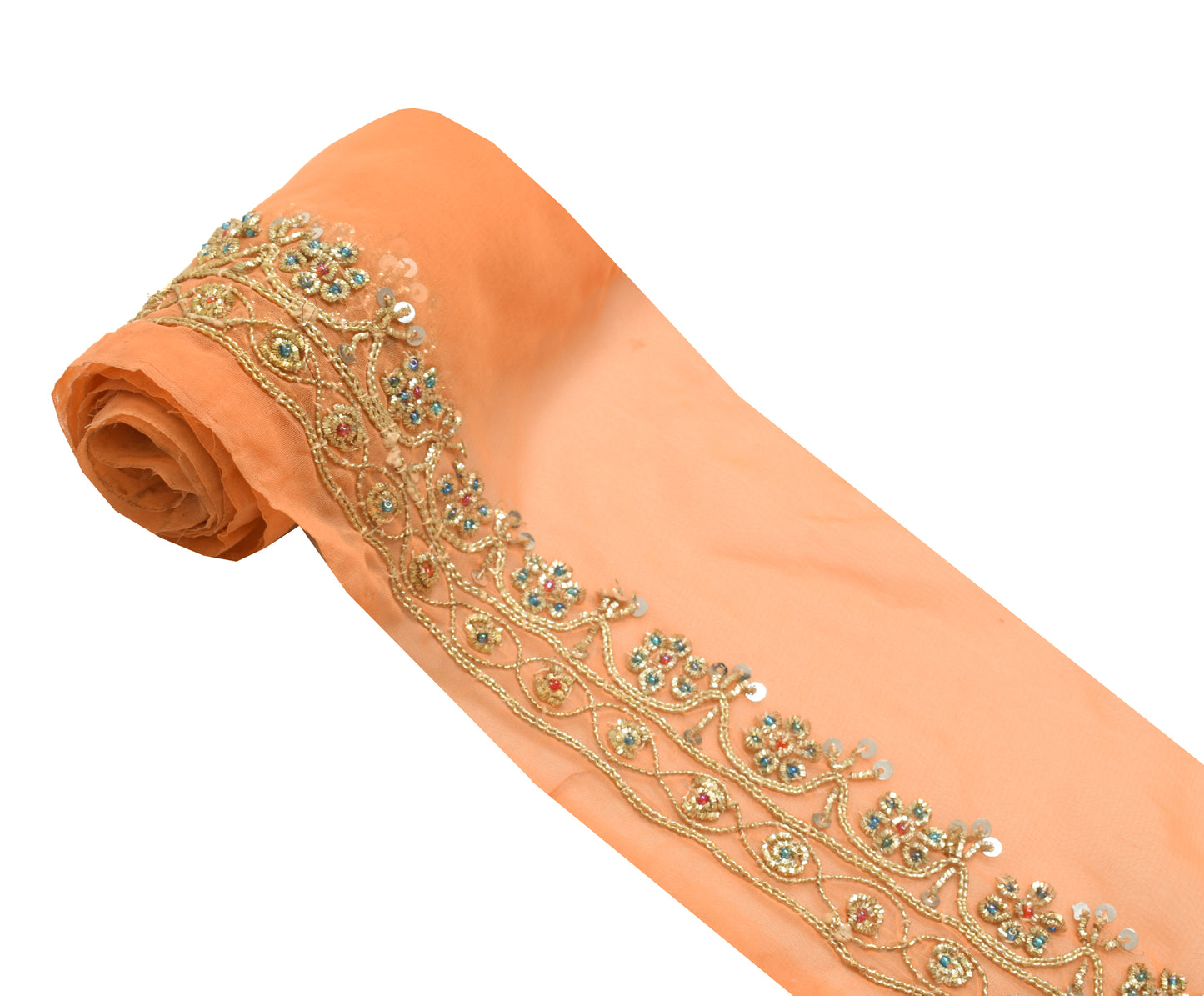 Sushila Vintage Peach Saree Border Indian Craft Sewing Trim Hand Beaded Ribbon