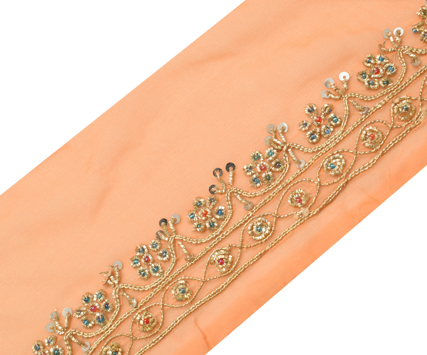 Sushila Vintage Peach Saree Border Indian Craft Sewing Trim Hand Beaded Ribbon