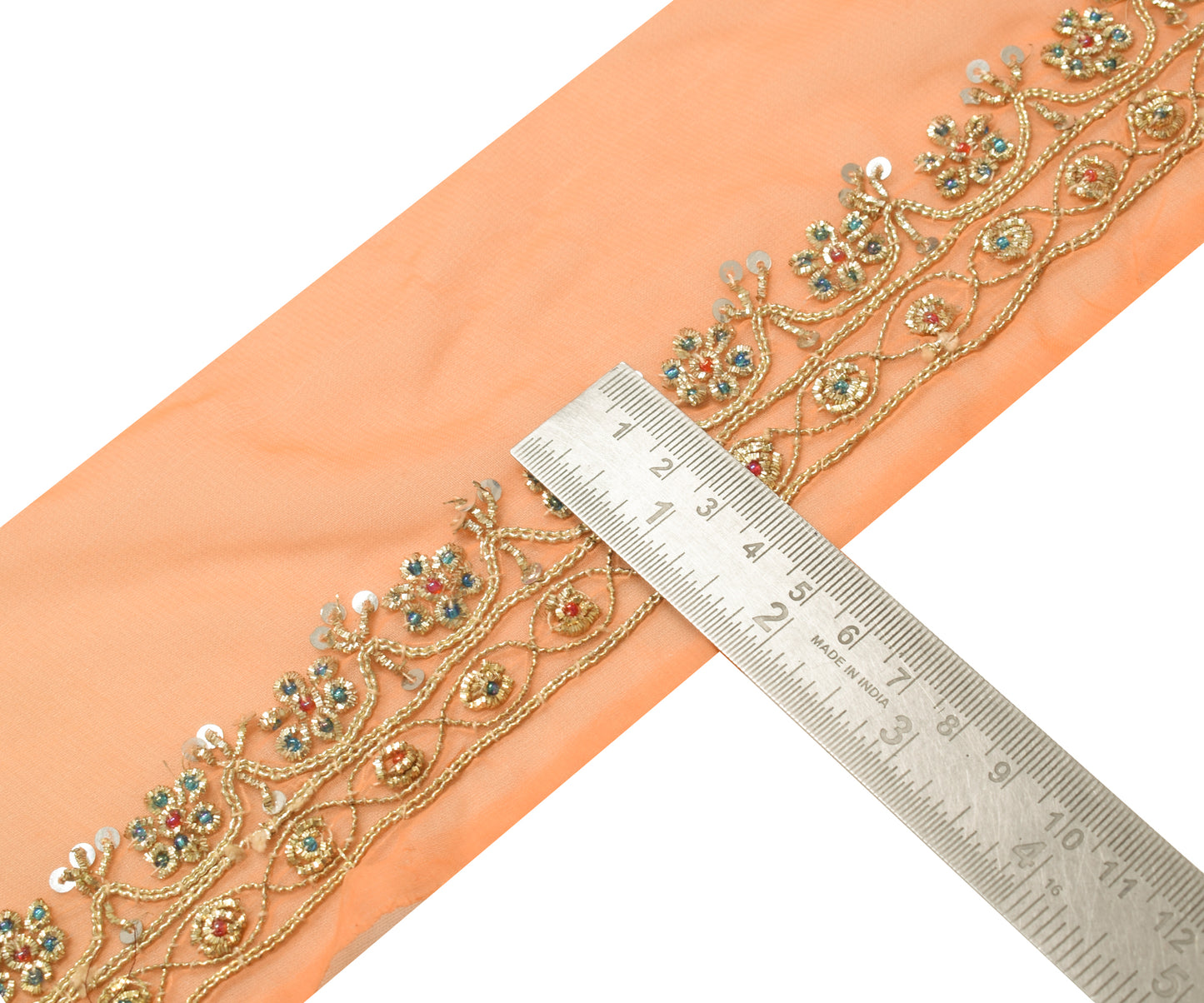 Sushila Vintage Peach Saree Border Indian Craft Sewing Trim Hand Beaded Ribbon