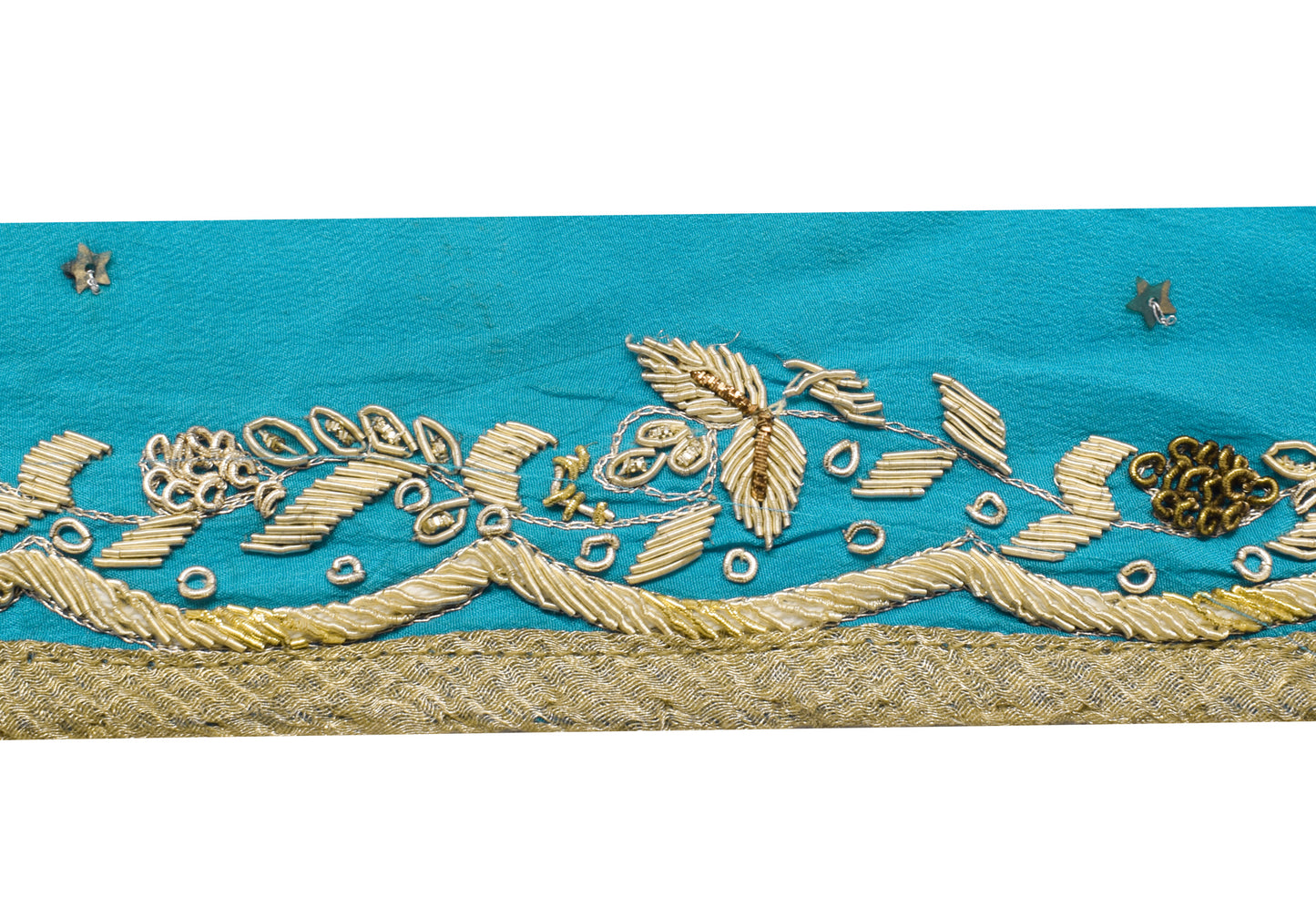 Sushila Vintage Blue Pure Silk Saree Border Craft Sewing Trim Hand Beaded Lace