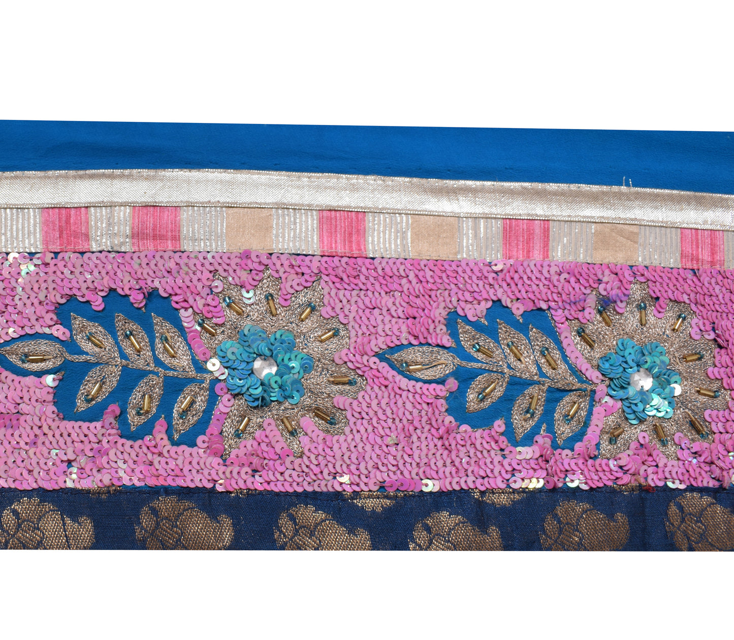 Sushila Vintage Blue Silk Saree Border Craft Sewing Trim Hand Beaded Lace Ribbon