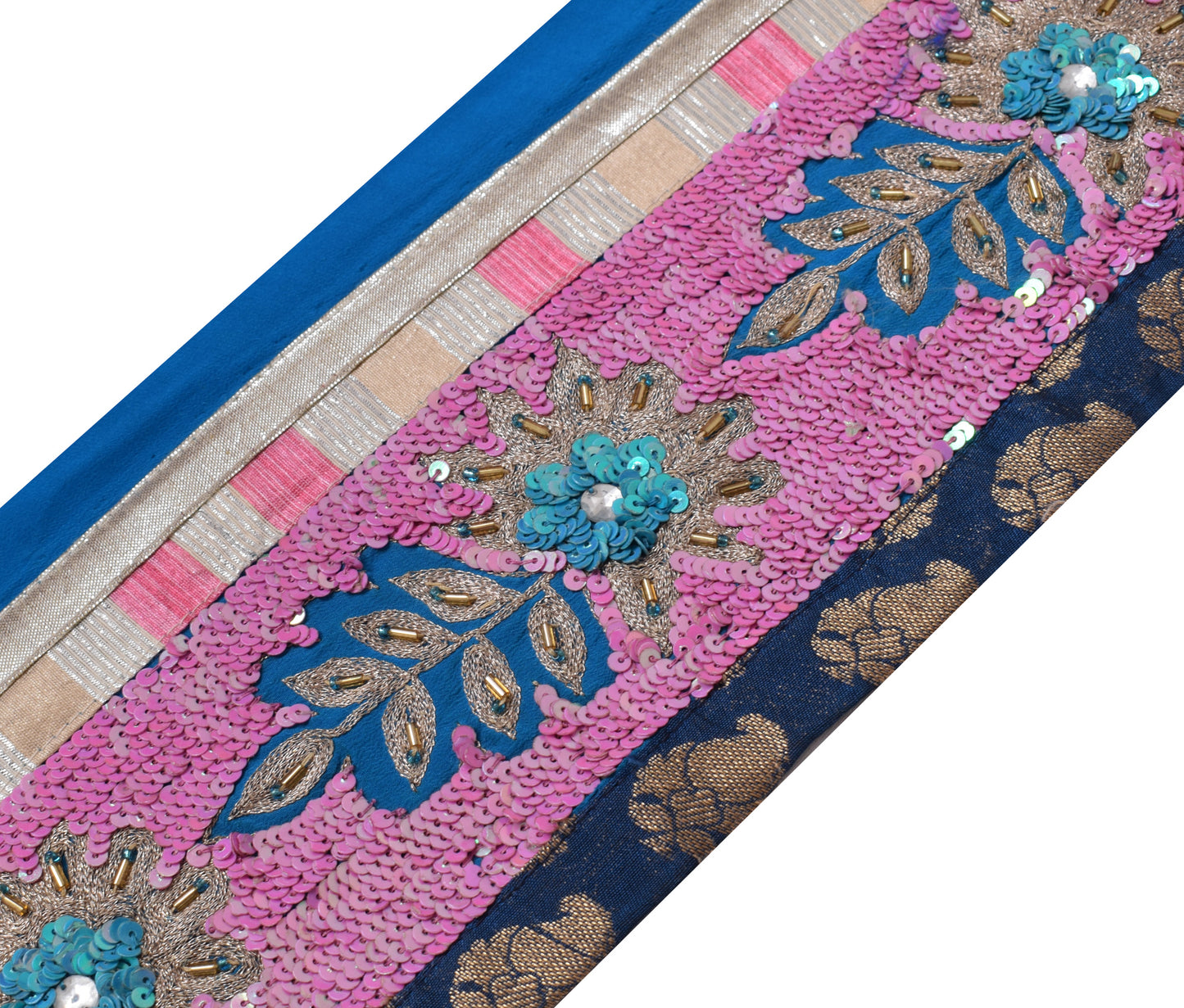 Sushila Vintage Blue Silk Saree Border Craft Sewing Trim Hand Beaded Lace Ribbon