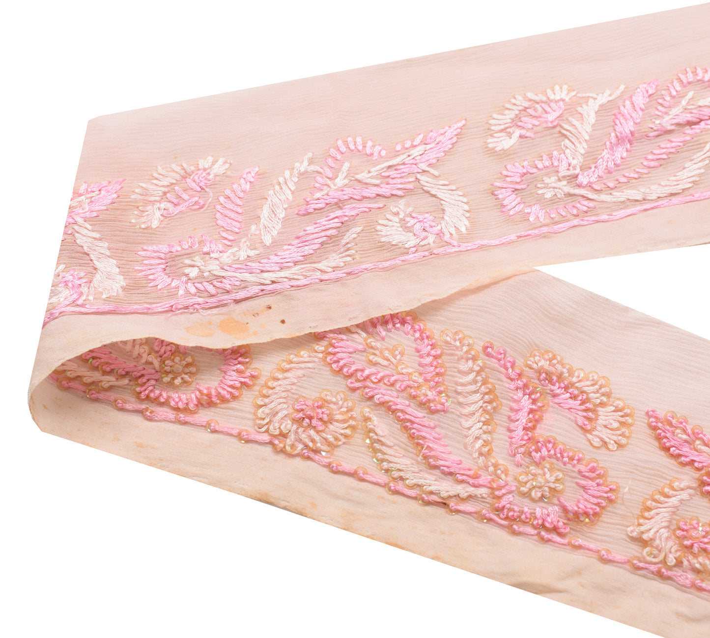 Sushila Vintage Pink Chiffon Saree Border Craft Sewing Trim Hand Beaded Lace