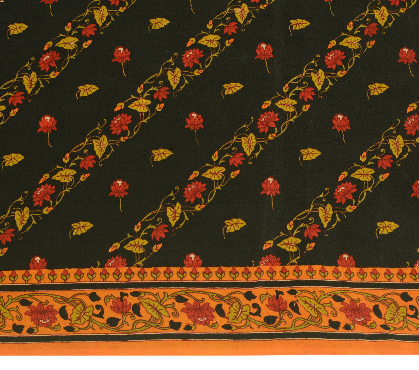 Sushila Vintage Black Saree 100% Pure Crepe Silk Printed Floral Soft 5YD Fabric