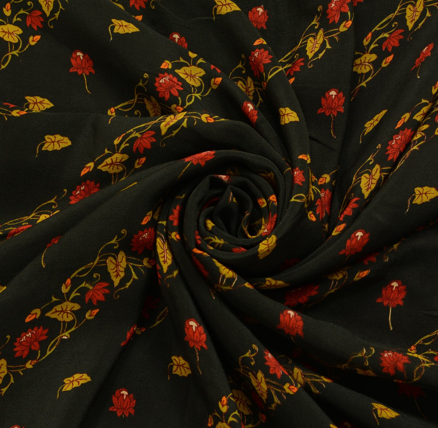 Sushila Vintage Black Saree 100% Pure Crepe Silk Printed Floral Soft 5YD Fabric