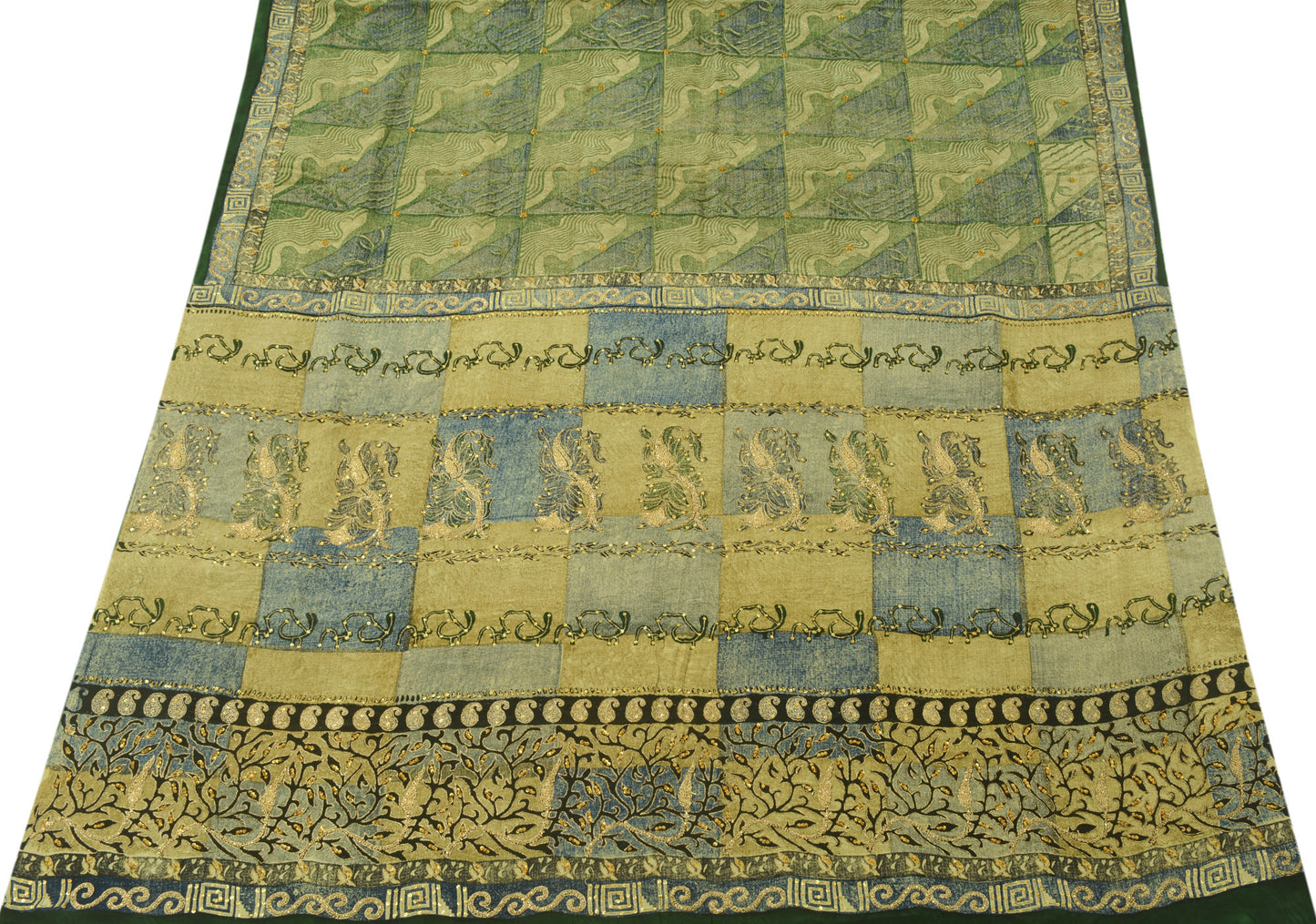 Sushila Vintage Green Saree 100% Pure Crepe Silk Printed Embroidered Soft Fabric