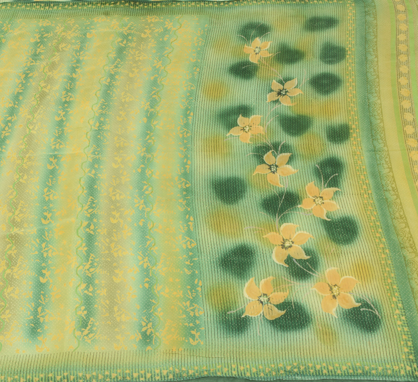 Sushila Vintage Green Saree 100% Pure Crepe Silk Printed Floral Soft 5 YD Fabric