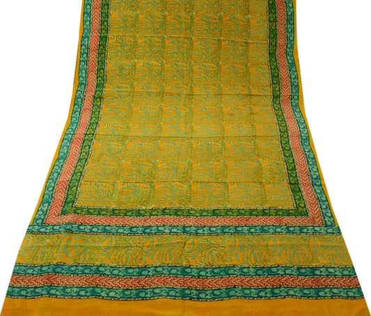 Sushila Vintage Yellow Saree 100% Pure Crepe Silk Printed Floral Soft Fabric