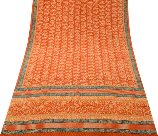 Sushila Vintage Orange Saree 100% Pure Crepe Silk Printed Floral Soft Fabric