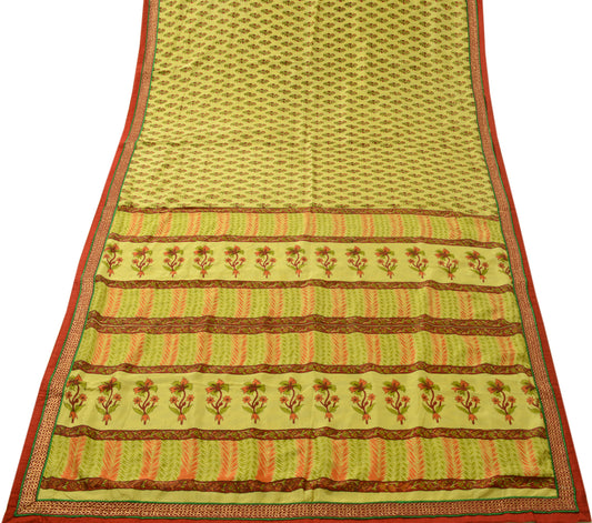 Sushila Vintage Green Saree 100% Pure Crepe Silk Printed Floral 5YD Soft Fabric