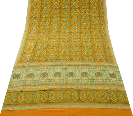 Sushila Vintage Mustard Saree 100% Pure Crepe Silk Printed GEOMETRICAL Fabric