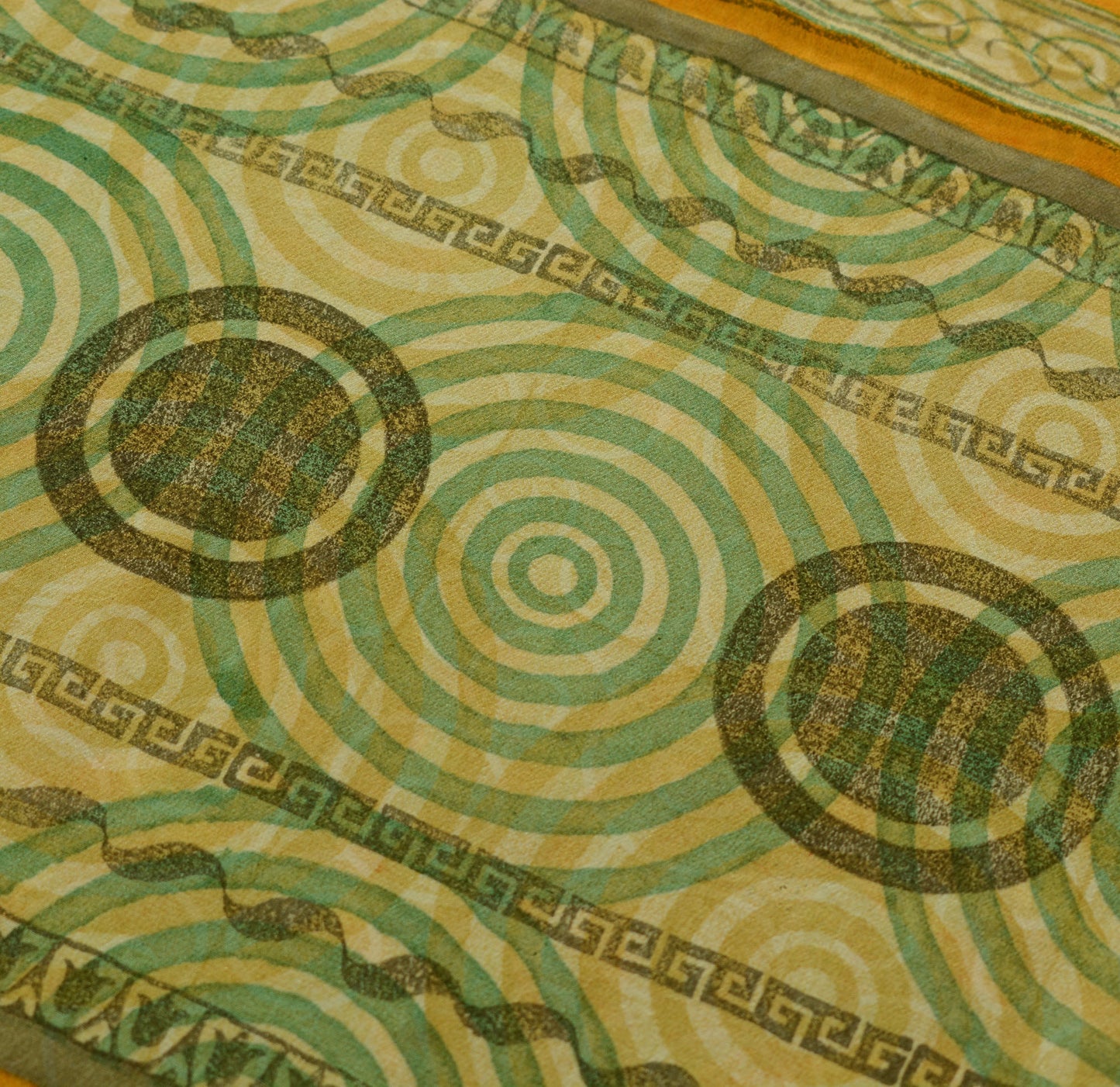 Sushila Vintage Mustard Saree 100% Pure Crepe Silk Printed GEOMETRICAL Fabric