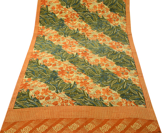 Sushila Vintage Indian Saree 100% Pure Crepe Silk Printed Floral 5YD Soft Fabric