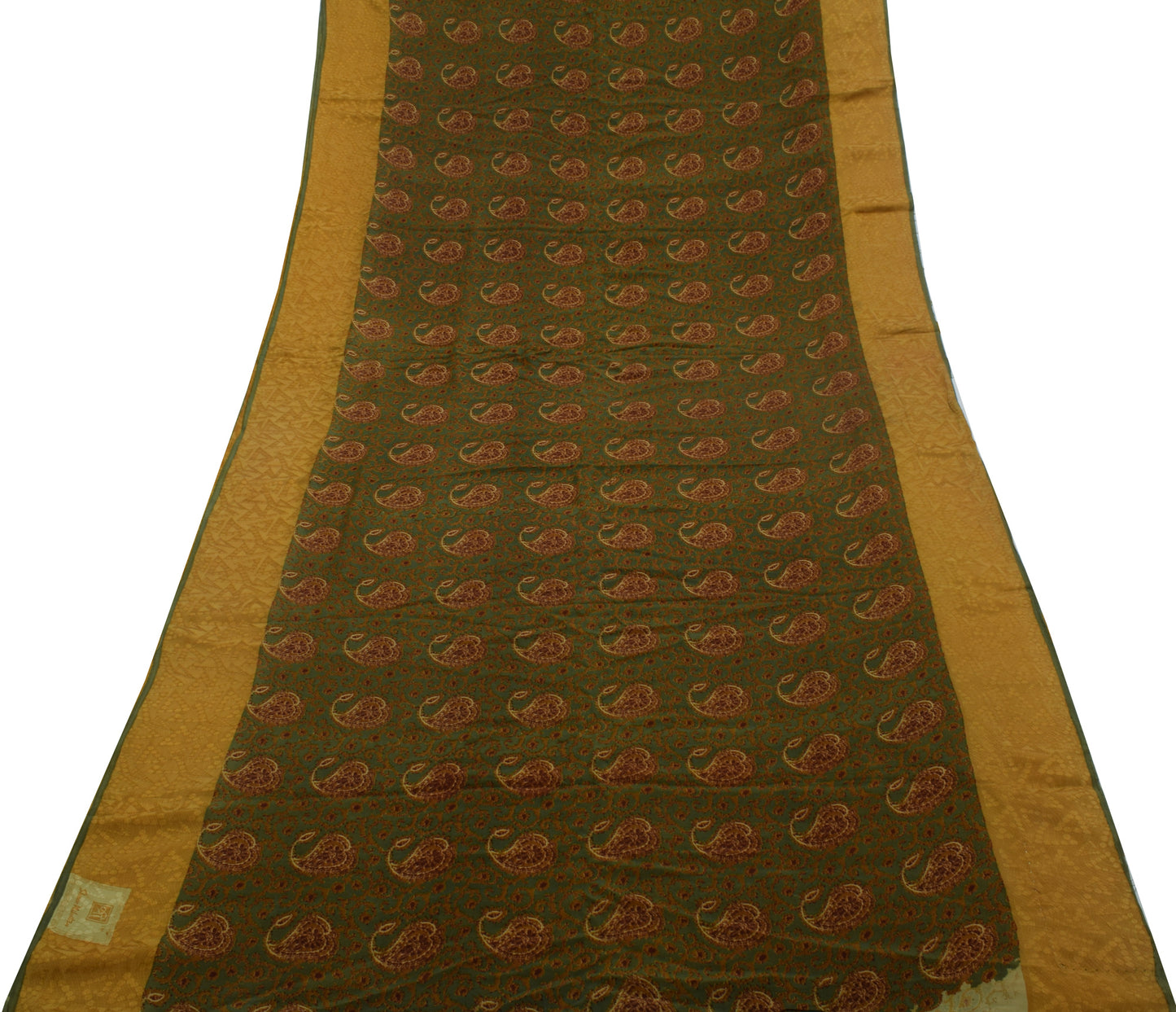 Sushila Vintage Green Saree 100% Pure Crepe Silk Printed Paisley Soft Fabric