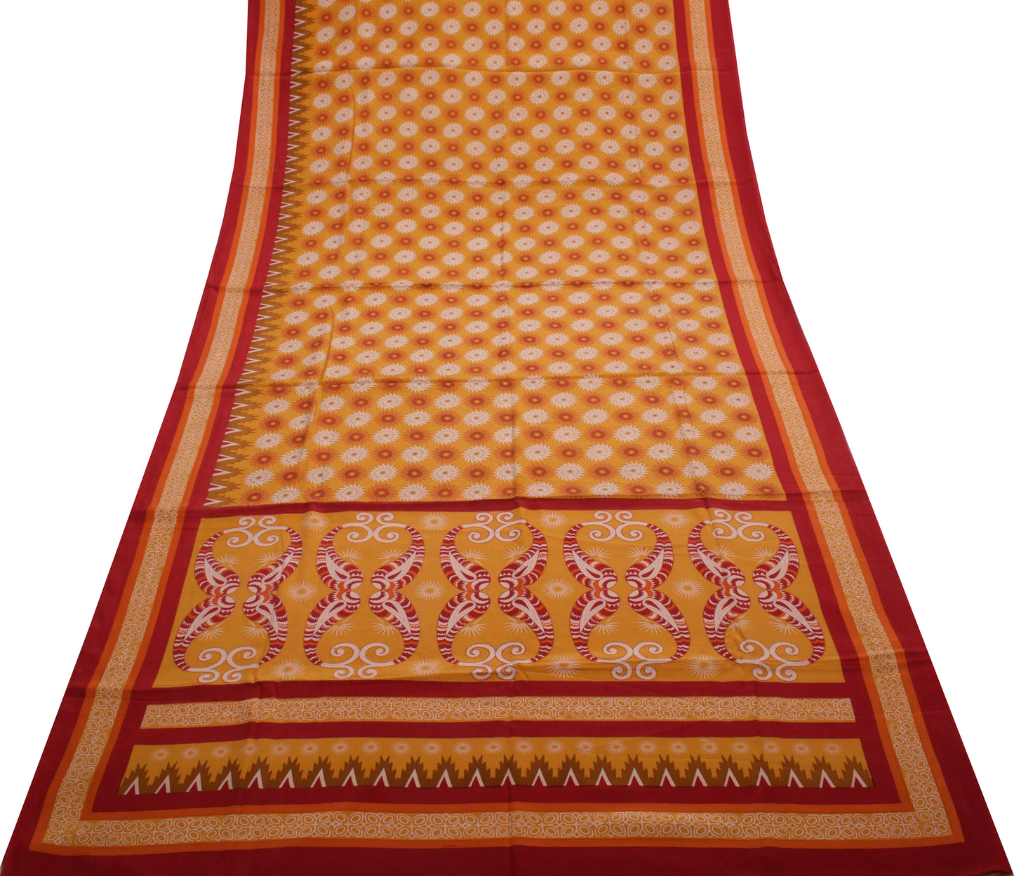 Sushila Vintage Mustard Saree 100% Pure Crepe Silk Printed Zig-Zag Soft Fabric