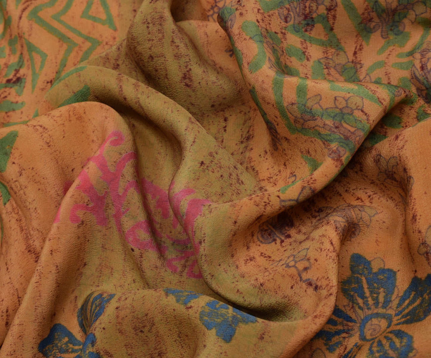 Sushila Vintage Indian Saree 100% Pure Crepe Silk Printed Floral Soft Fabric