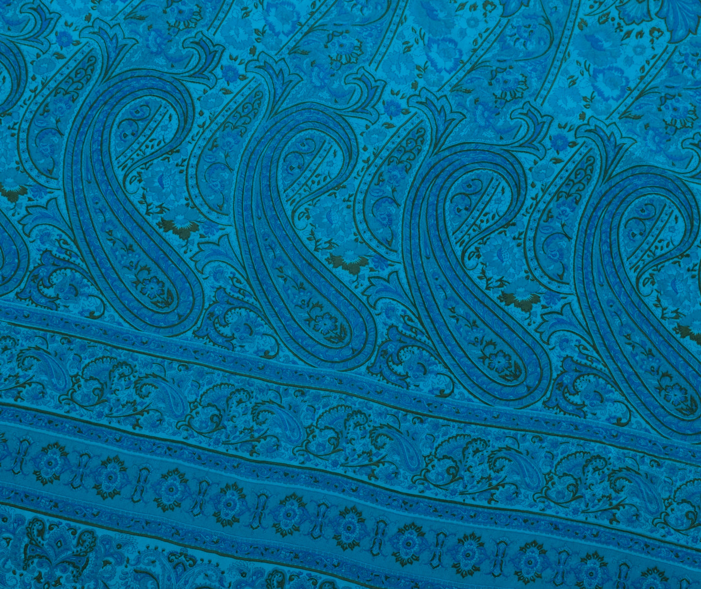 Sushila Vintage Aqua Blue Saree 100% Pure Crepe Silk Printed Paisley Soft Fabric