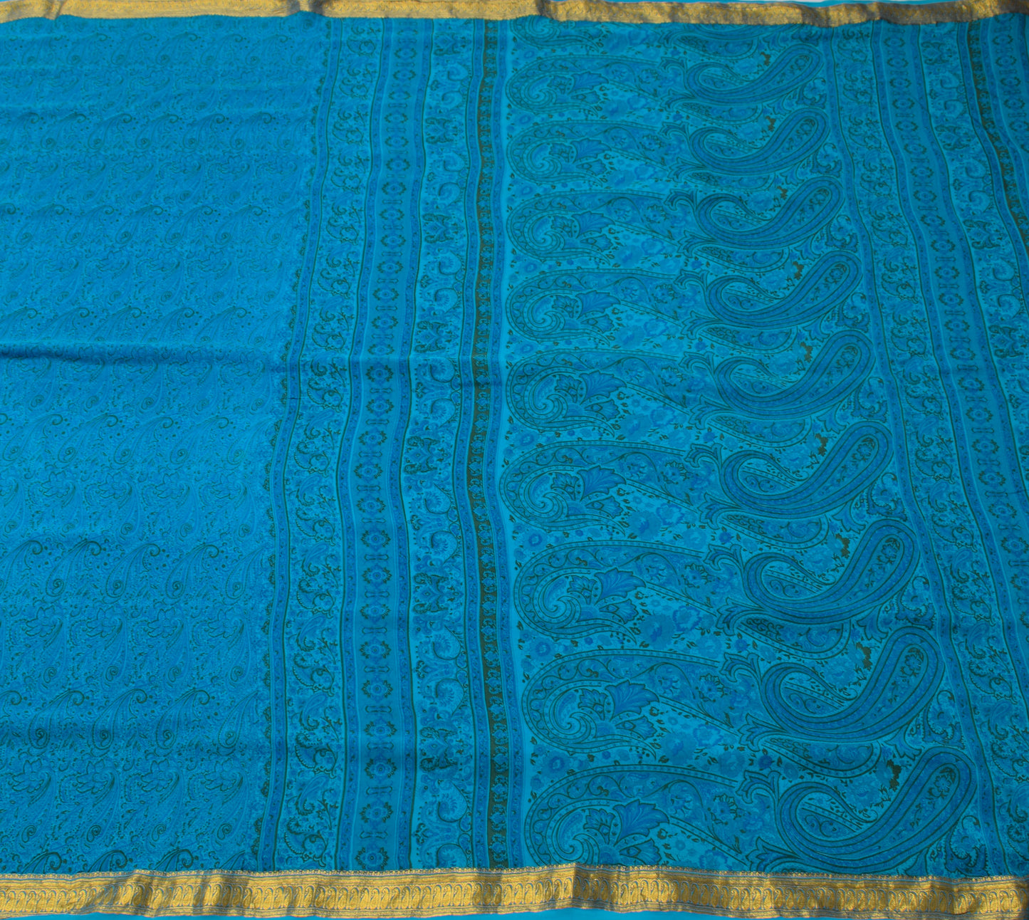 Sushila Vintage Aqua Blue Saree 100% Pure Crepe Silk Printed Paisley Soft Fabric