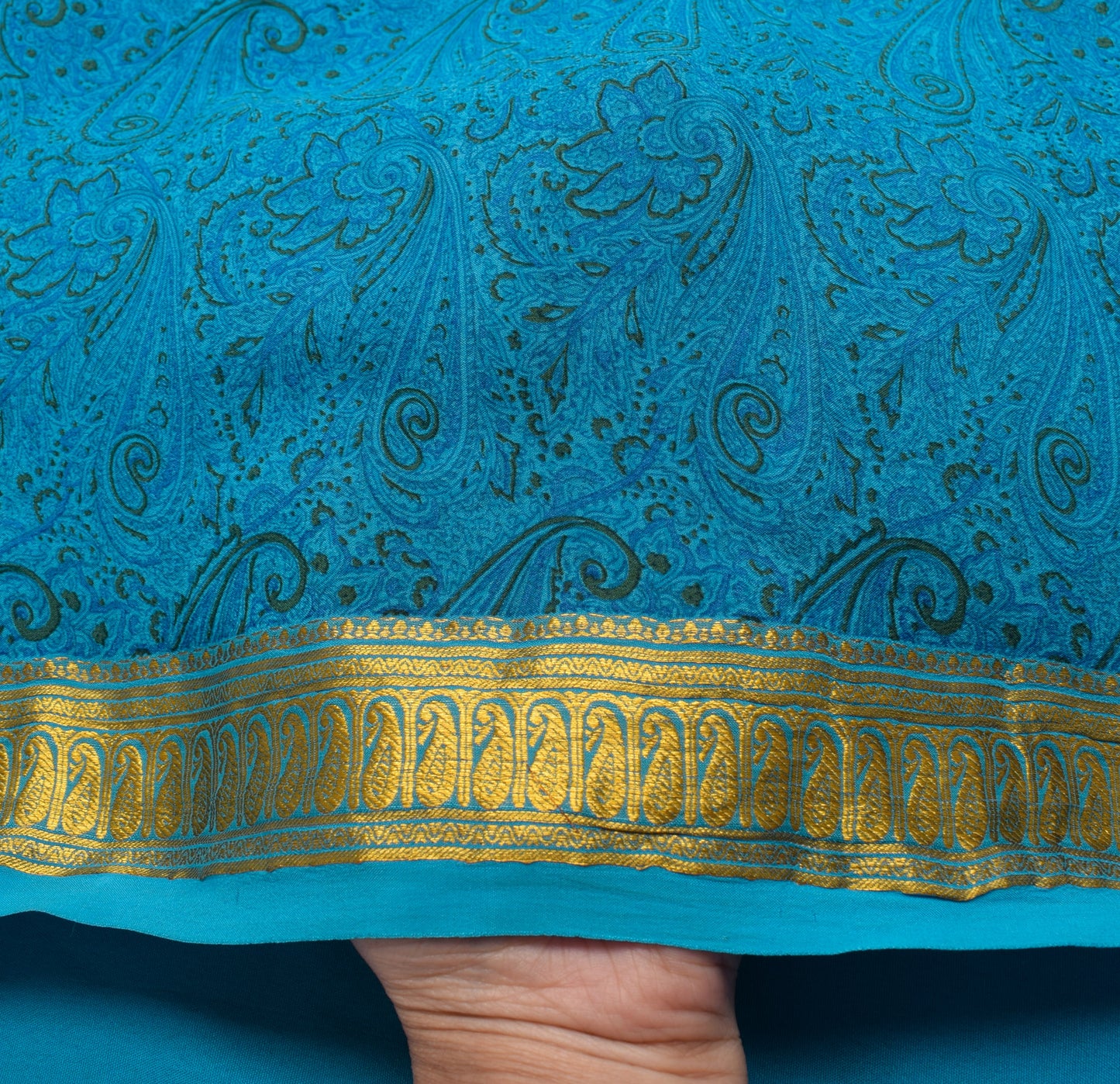 Sushila Vintage Aqua Blue Saree 100% Pure Crepe Silk Printed Paisley Soft Fabric