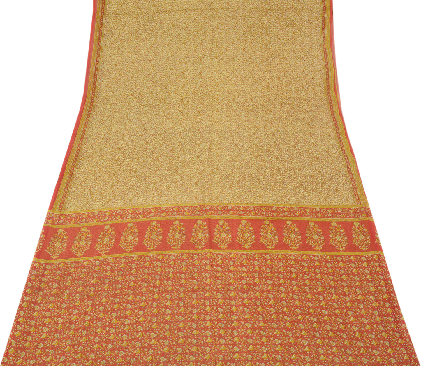 Sushila Vintage Beige Saree 100% Pure Cotton Printed Floral Soft Craft Fabric