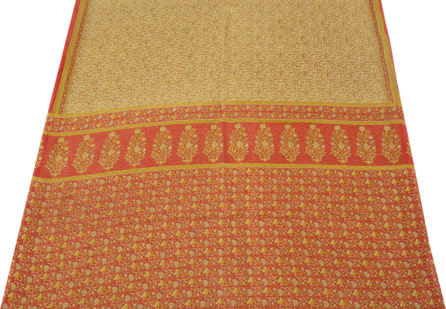 Sushila Vintage Beige Saree 100% Pure Cotton Printed Floral Soft Craft Fabric