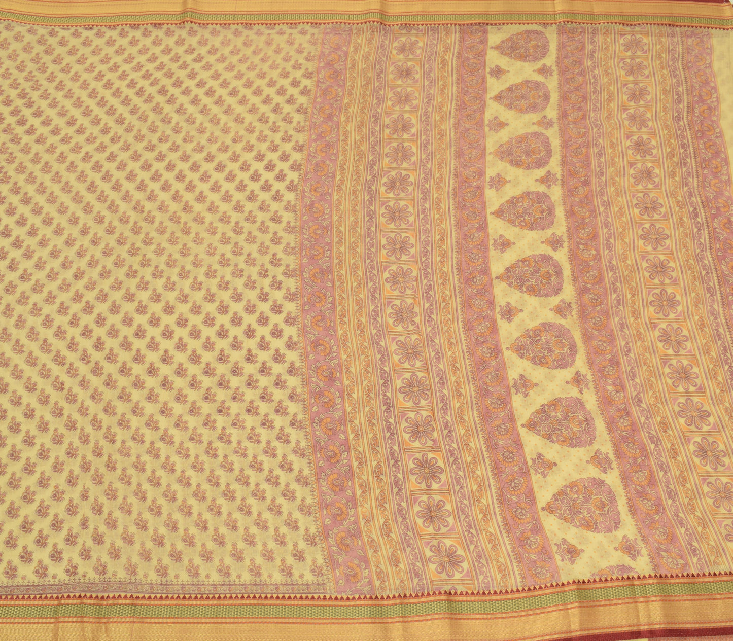 Sushila Vintage Cream Sari Blend Cotton Printed Floral Soft Craft Fabric