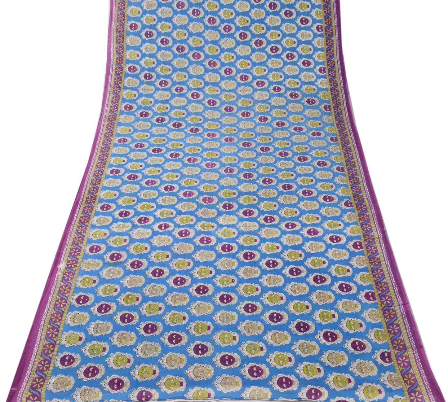 Sushila Vintage Blue Sari 100% Pure Cotton Printed Human Face Soft Craft Fabric