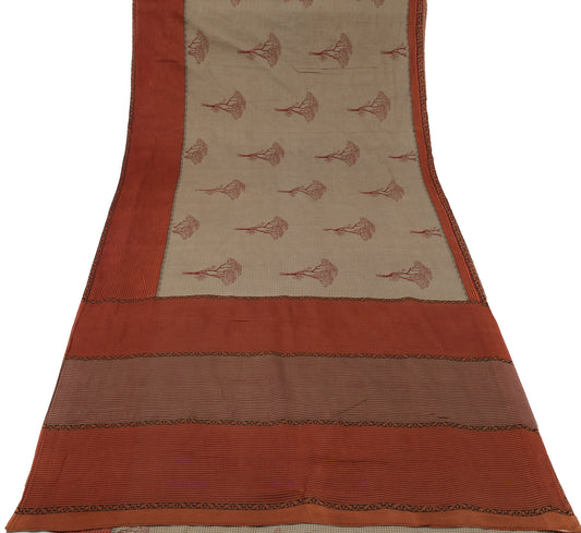 Sushila Vintage Brown Saree 100% Pure Cotton Printed Plant Soft Craft Fabric