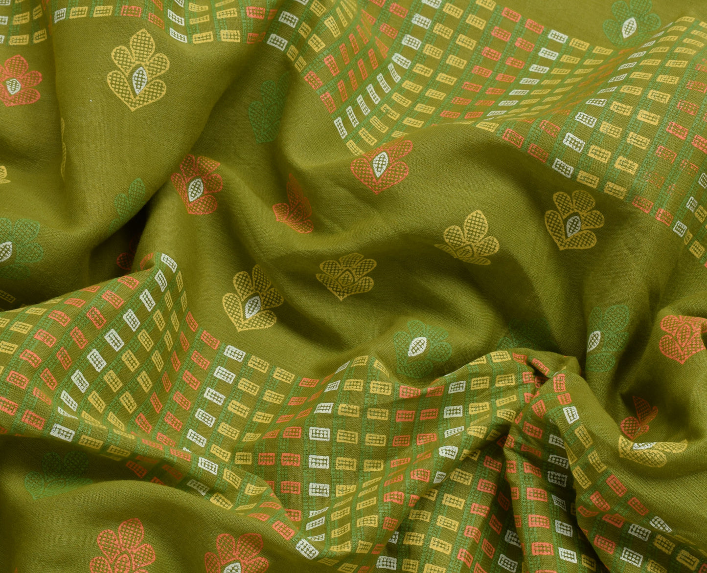 Sushila Vintage Green Saree 100% Pure Cotton Printed Floral Soft Craft Fabric