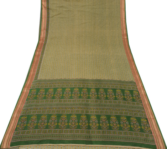 Sushila Vintage Green Saree 100% Pure Cotton Printed Floral Soft Craft Fabric