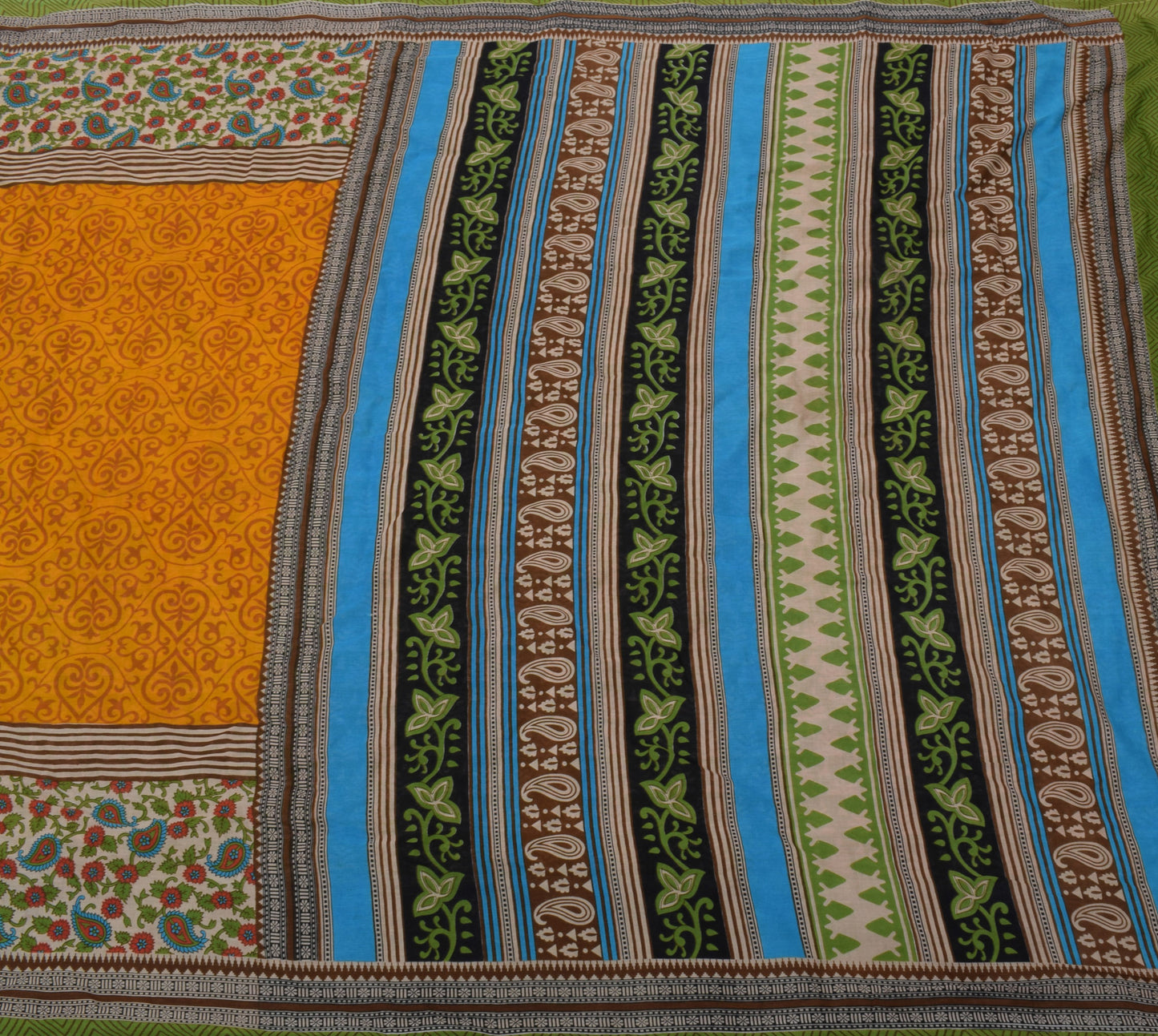 Sushila Vintage Mustard Saree 100% Pure Cotton Printed Floral Soft Craft Fabric