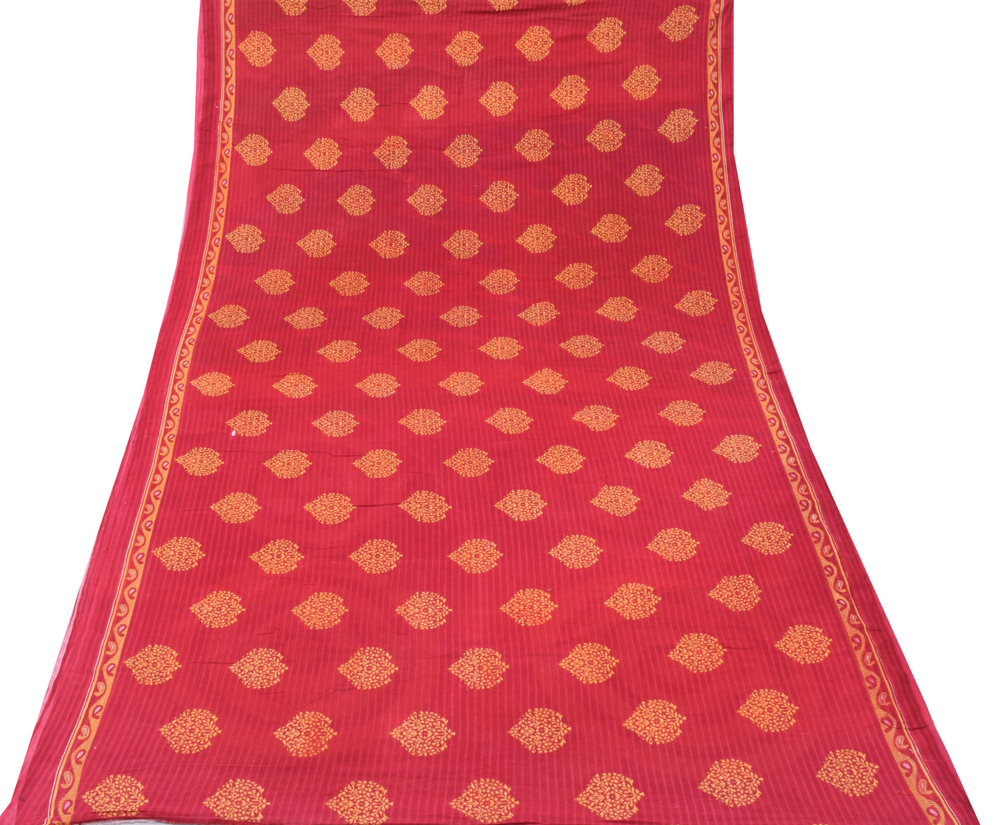 Sushila Vintage Red Saree 100% Pure Cotton Printed Indian Soft Craft 5 YD Fabric