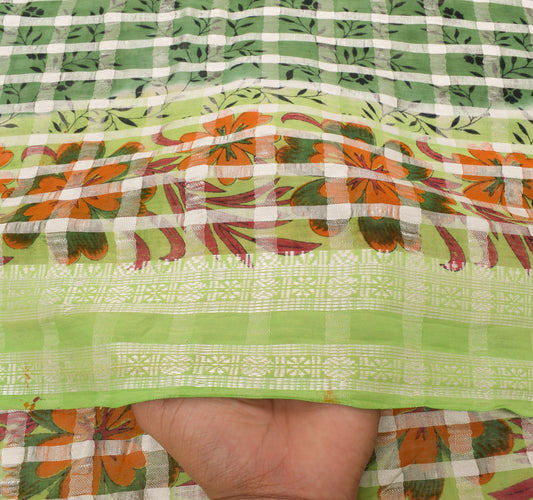 Sushila Vintage Green Saree 100% Pure Cotton Printed & Woven Soft Craft Fabric