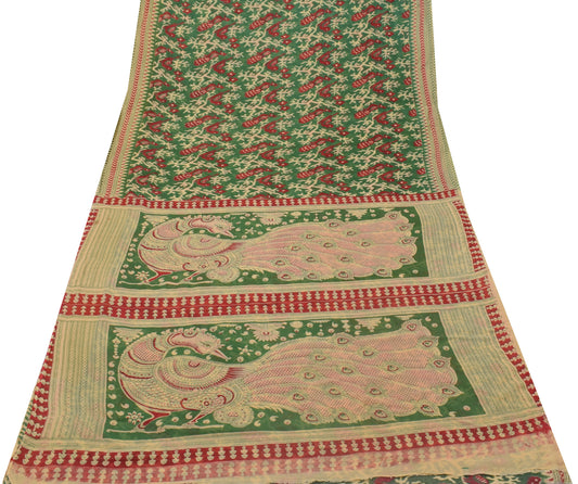 Sushila Vintage Green Saree 100% Pure Cotton Printed Floral Soft Craft Fabric