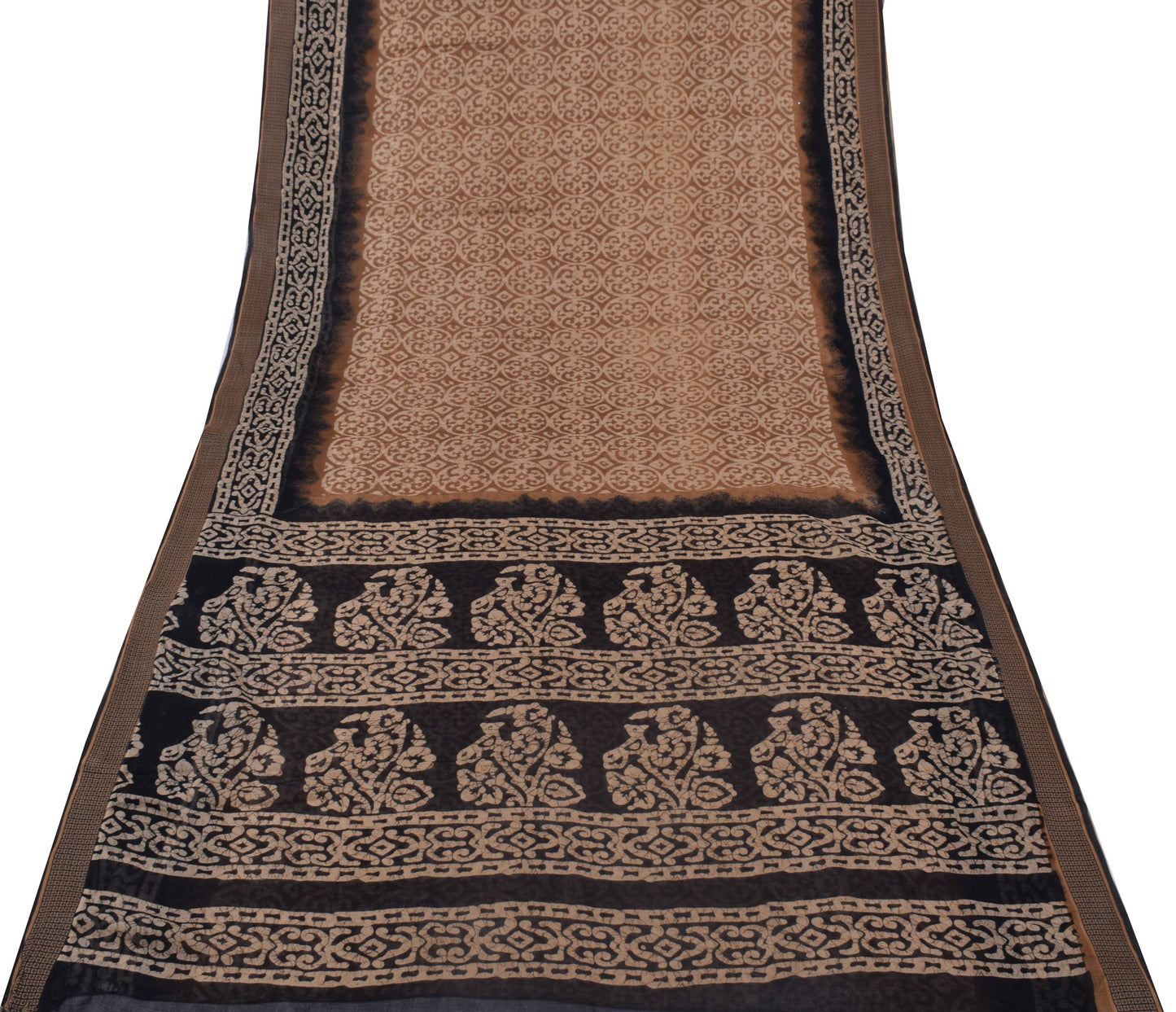 Sushila Vintage Brown Saree 100% Pure Cotton Printed Batik Soft Craft Fabric