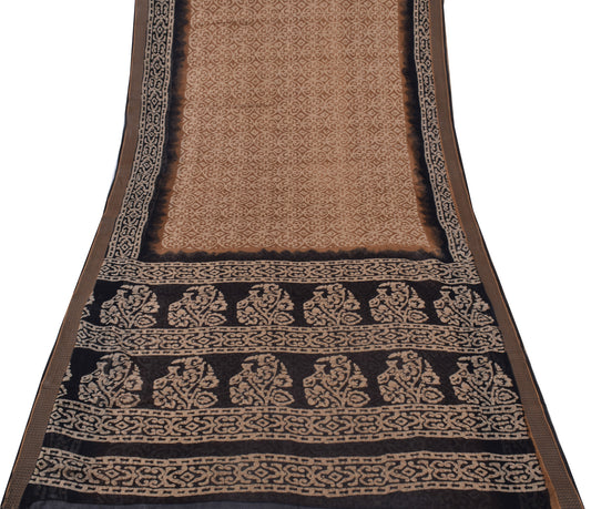 Sushila Vintage Brown Saree 100% Pure Cotton Printed Batik Soft Craft Fabric