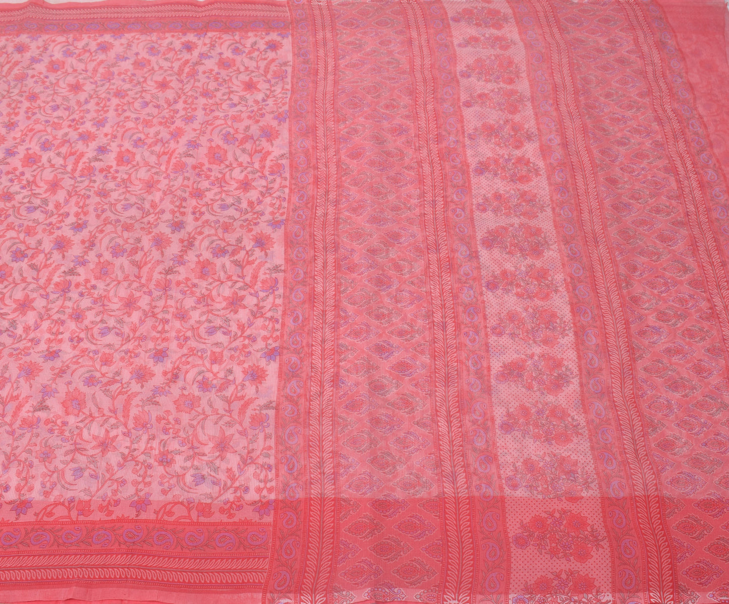 Sushila Vintage Peach Saree 100% Pure Cotton Printed Floral Sheer Craft Fabric