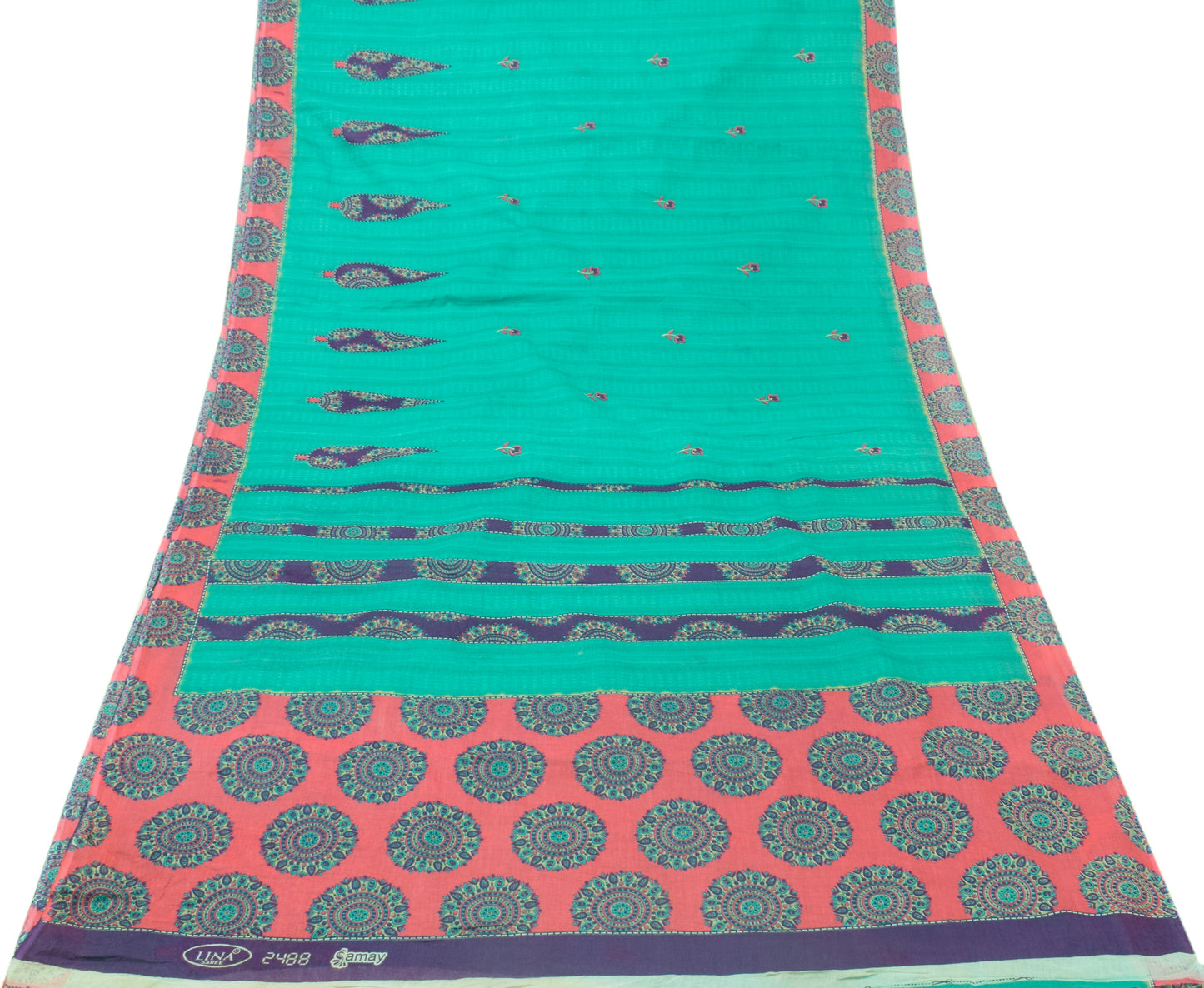 Sushila Vintage Green Saree 100% Pure Cotton Printed Floral Indian Craft Fabric