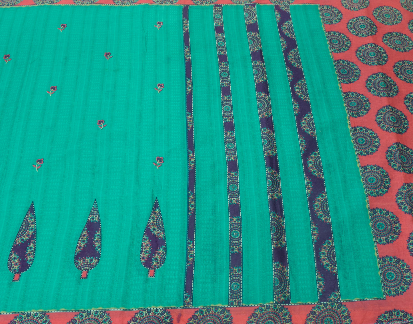 Sushila Vintage Green Saree 100% Pure Cotton Printed Floral Indian Craft Fabric