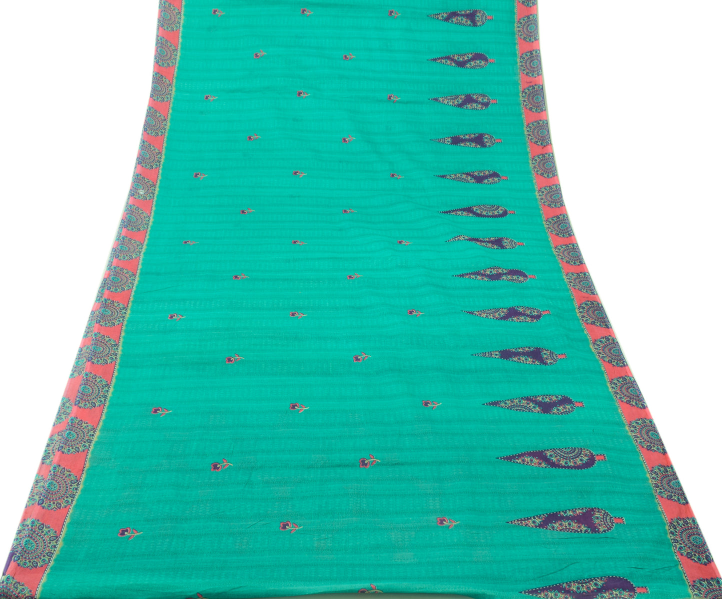 Sushila Vintage Green Saree 100% Pure Cotton Printed Floral Indian Craft Fabric