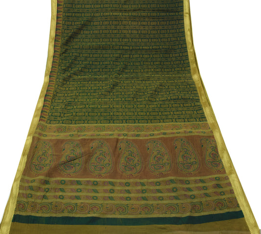 Sushila Vintage Green Saree 100% Pure Cotton Printed Floral 5 Yard Craft Fabric