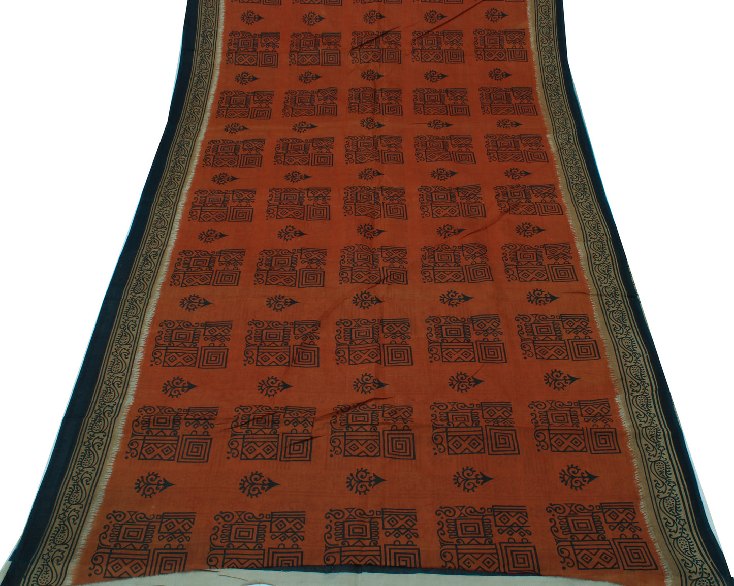 Sushila Vintage Rust Saree 100% Pure Cotton Printed Abstract Sari Craft Fabric